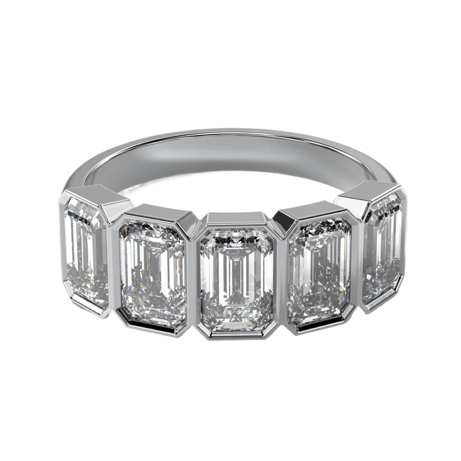 AGI Certified 3.50 CTW emerald cut five stone lab-grown diamond band in 14k gold with bezel setting.