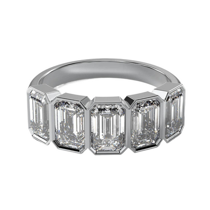 AGI Certified 3.50 CTW emerald cut five stone lab-grown diamond band in 14k gold with bezel setting.