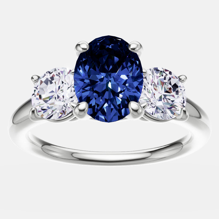 AGI Certified 2.00 CTW oval blue sapphire diamond 3-stone ring in 14k white gold over sterling silver, showcasing elegant gemstones.