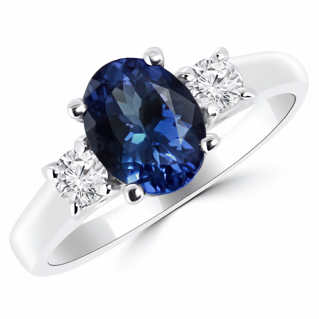 AGI Certified 2.00 CTW oval blue sapphire and diamond 3-stone ring in 14k white gold over sterling silver.