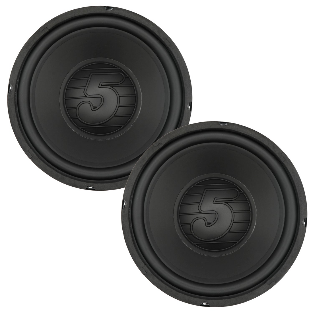 Pair of 10-inch Start2Finish 5 Core car subwoofers with 300W power, deep bass, 4-ohm impedance, vehicle audio replacement speakers
