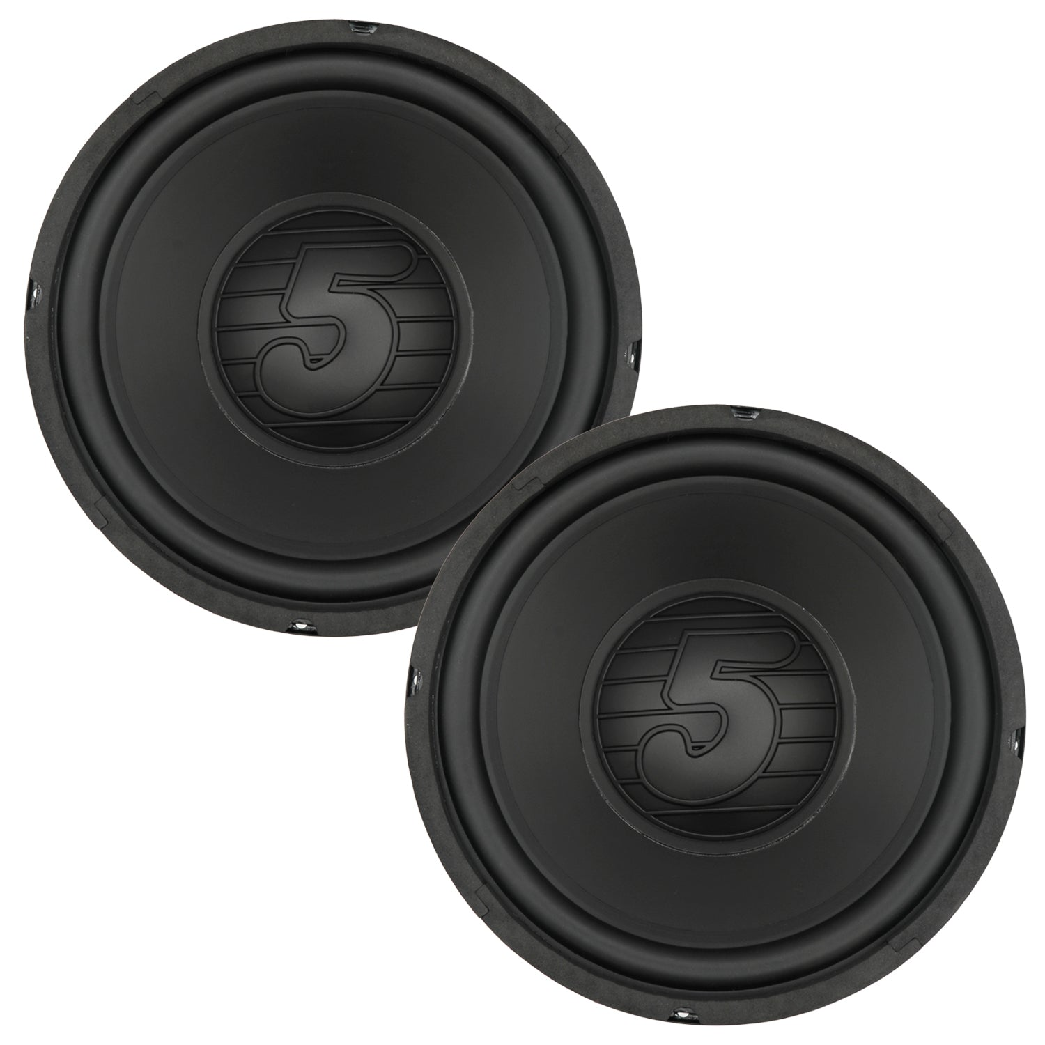 Pair of 10-inch Start2Finish 5 Core car subwoofers with 300W power, deep bass, 4-ohm impedance, vehicle audio replacement speakers