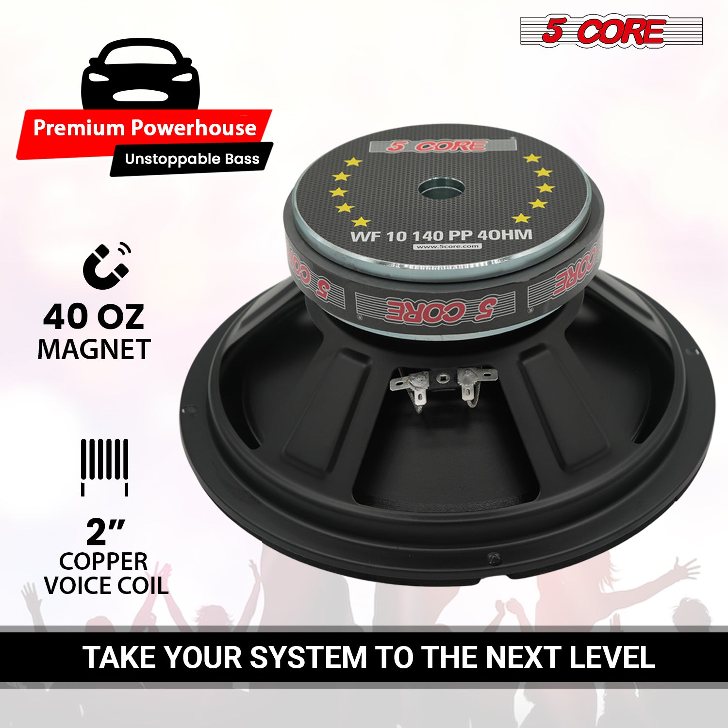 Pair of 10-inch Start2Finish automotive 300W 4-ohm subwoofers with deep bass for car audio systems.