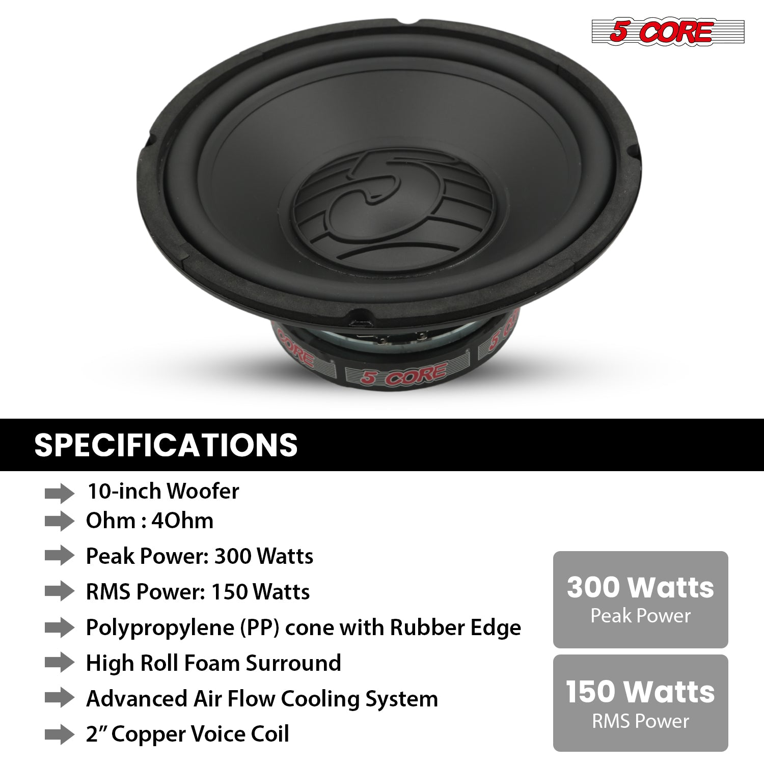 Pair of 10-inch Start2Finish automotive subwoofers with 300W power, deep bass, 4 ohm car speakers for vehicle audio upgrade