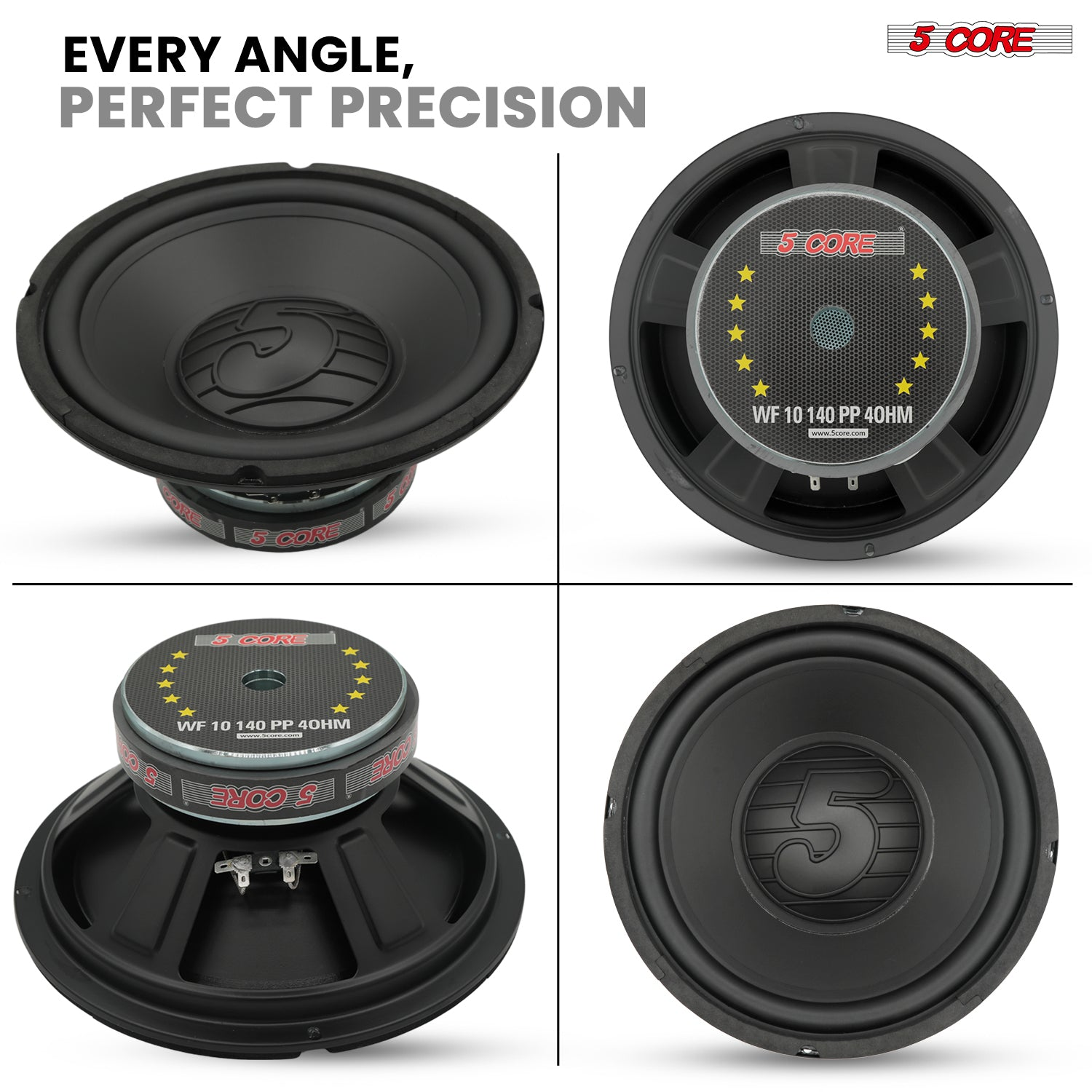 Pair of 10-inch Start2Finish 5 Core automotive subwoofers with 300W power and 4 Ohm impedance, designed for deep bass sound in vehicles.