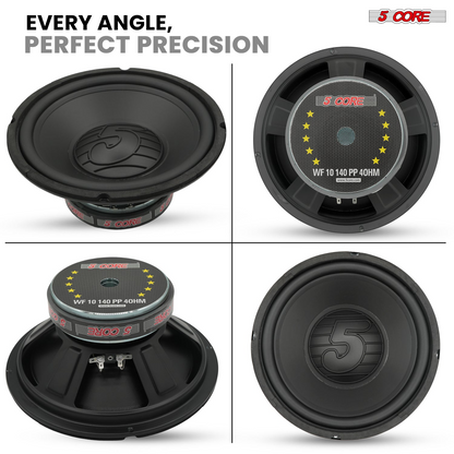 Pair of 10-inch Start2Finish 5 Core automotive subwoofers with 300W power and 4 Ohm impedance, designed for deep bass sound in vehicles.