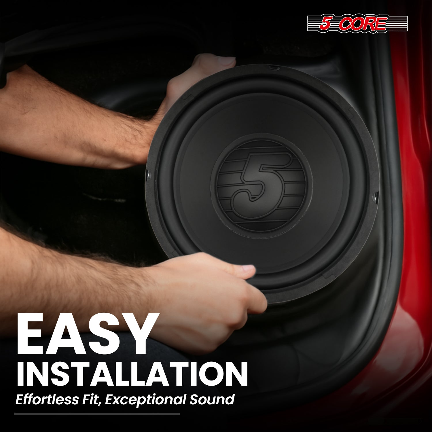 Pair of 10-inch Start2Finish automotive subwoofers with deep bass, 300W power, 4 ohm impedance, and durable speaker cones for vehicles.