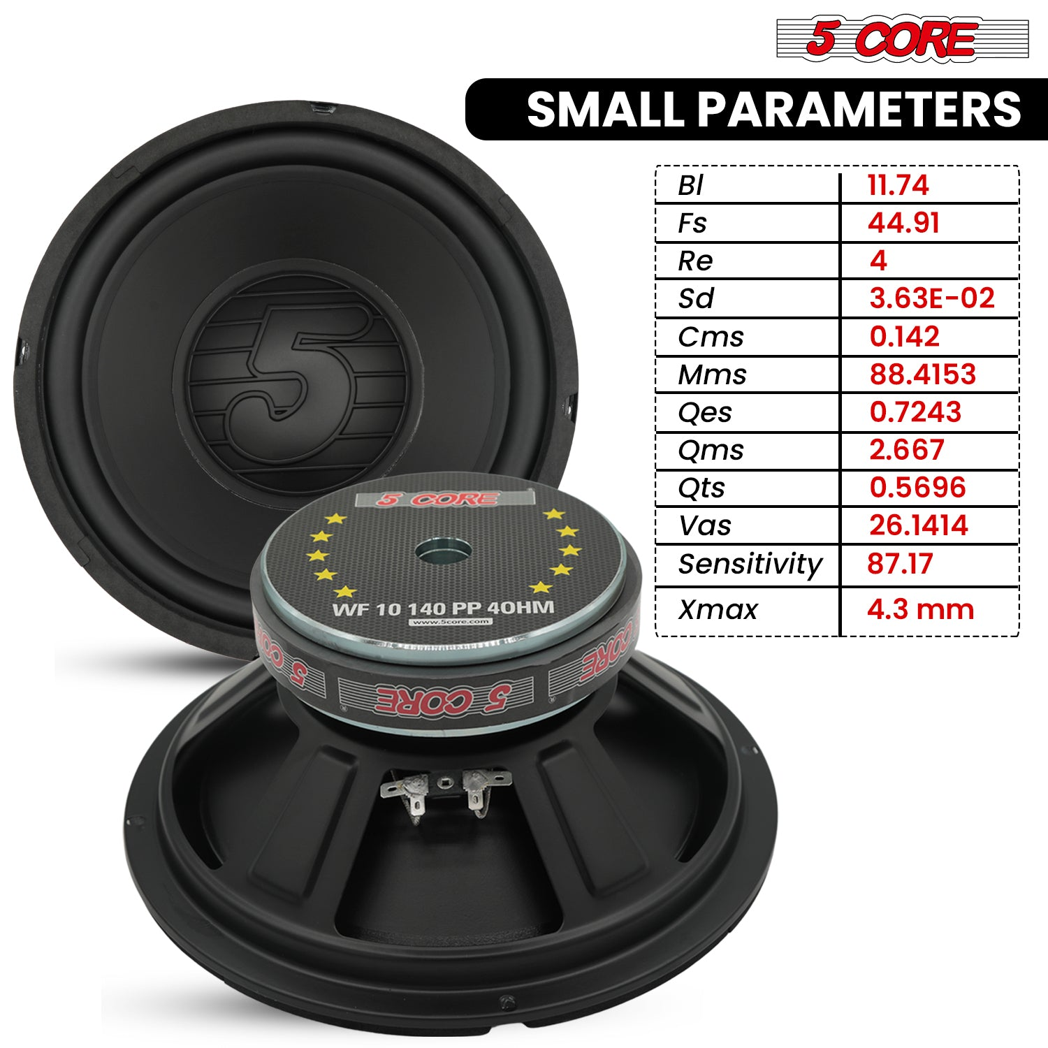 Pair of 10-inch Start2Finish 300W automotive subwoofers with deep bass, 4-ohm speakers for vehicle sound systems.