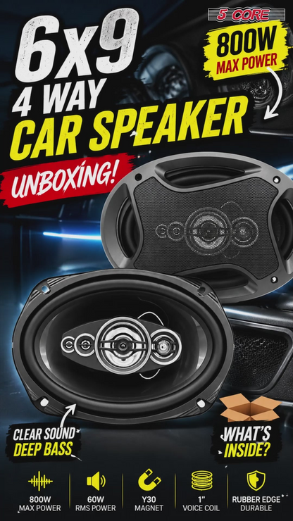 Pair of Start2Finish 6x9 automotive coaxial car speakers with 800W power, 4 ohm impedance, featuring super tweeters for clear audio.