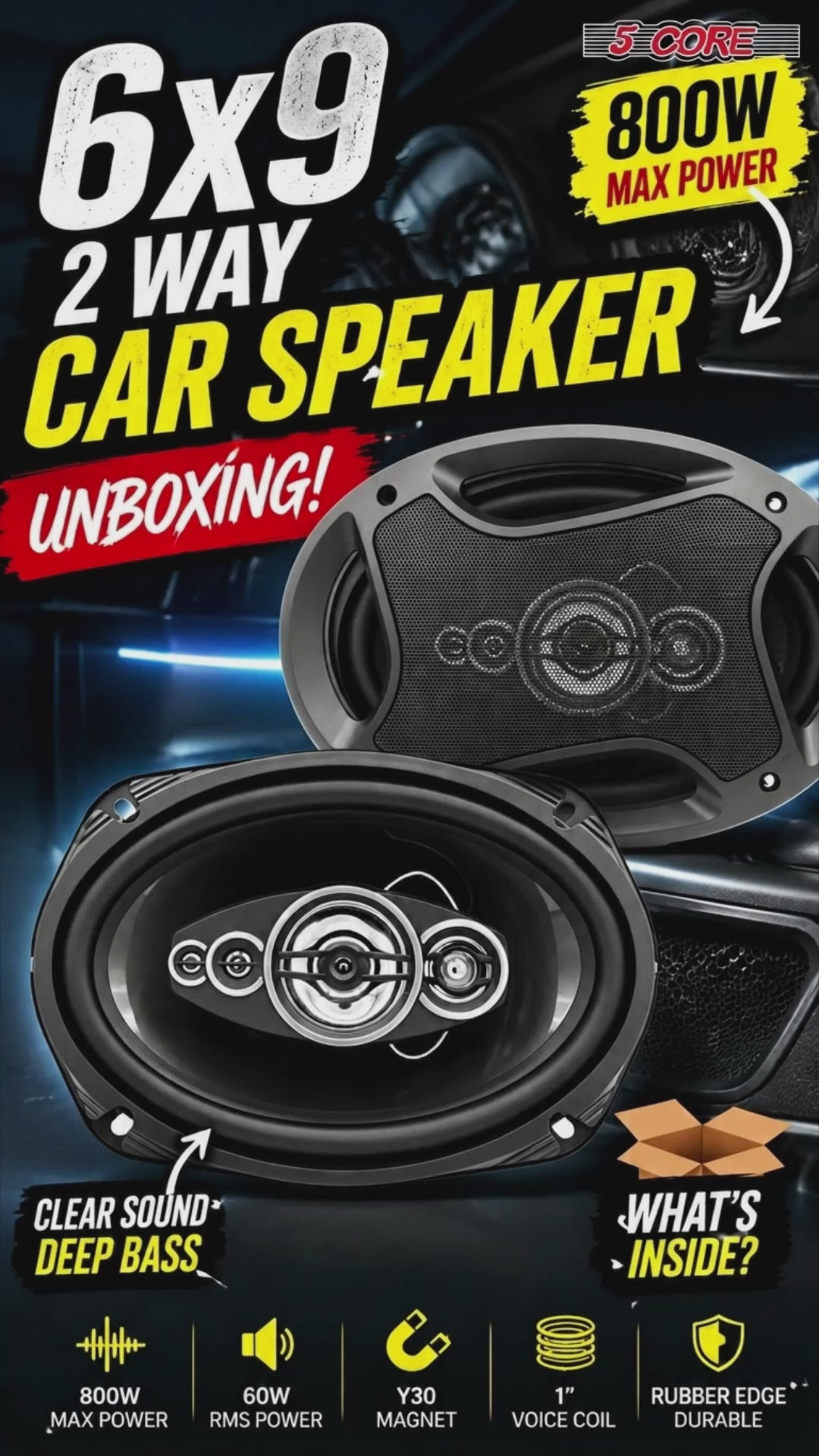 Start2Finish 5Core 6x9 car speakers with 800W power, 4Ohm impedance, 2-way coaxial design, featuring super tweeters for vehicle audio