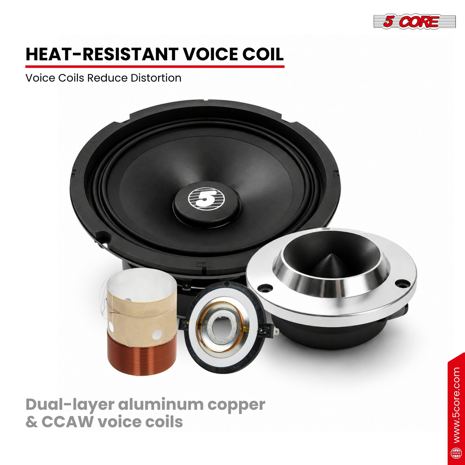 Start2Finish 5 Core automotive car speaker package with 2x 6.5-inch midrange speakers and 2 aluminum bullet tweeters