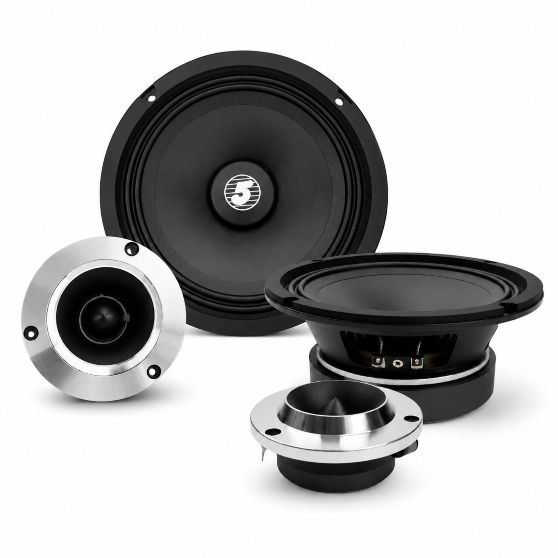 Start2Finish 5-core automotive car speaker package with 2 midrange 6.5-inch loudspeakers and 2 aluminum bullet tweeters.
