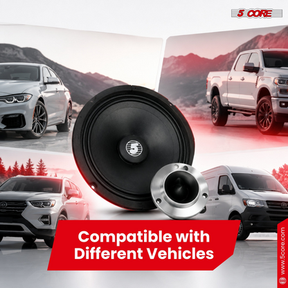 Start2Finish 5 core mid-range car speaker package with 6.5-inch midrange speakers and 1-inch aluminum bullet tweeters for automotive audio.