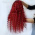Red deep wave human hair wig by Carmine Juneberry styled on a mannequin head for natural hair look and volume.