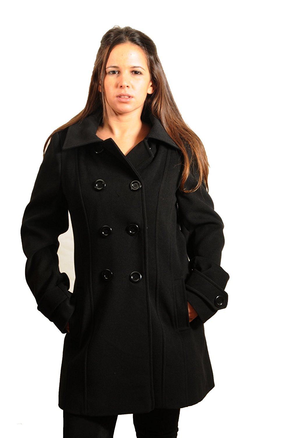 Rose Eleusis wool feel double-breasted hooded coat, stylish jacket with front buttons and hood, soft fabric texture.