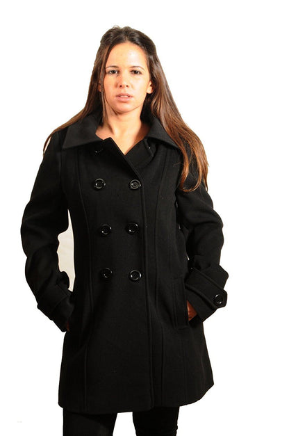 Rose Eleusis wool feel double-breasted hooded coat, stylish jacket with front buttons and hood, soft fabric texture.