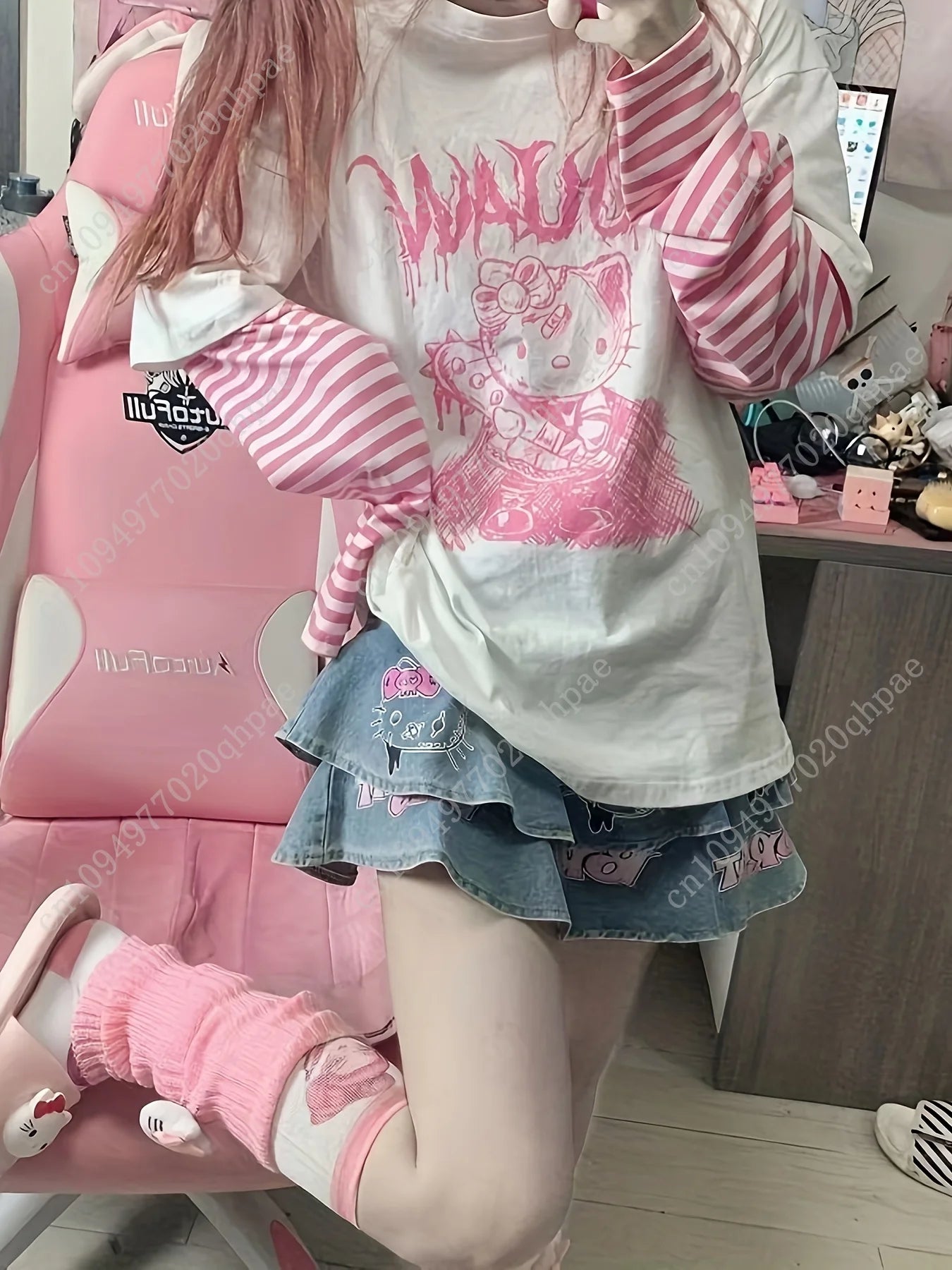 Hello Kitty Japanese sweet cool long sleeve T-shirt for women, loose fit, casual apparel by Start2Finish.