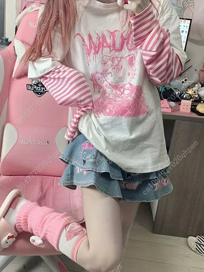 Hello Kitty Japanese sweet cool long sleeve T-shirt for women, loose fit, casual apparel by Start2Finish.