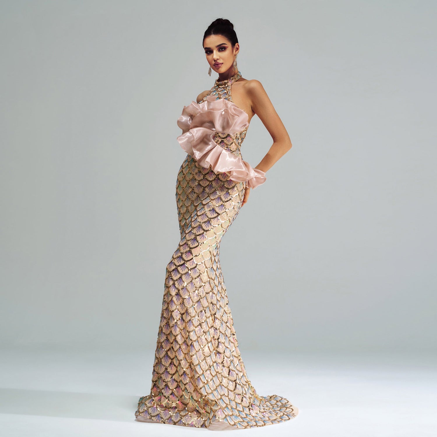Carmine Juneberry Champagne Glam halter mermaid dress with luxurious fabric, fitted bodice, and elegant floor-length design for special occasions