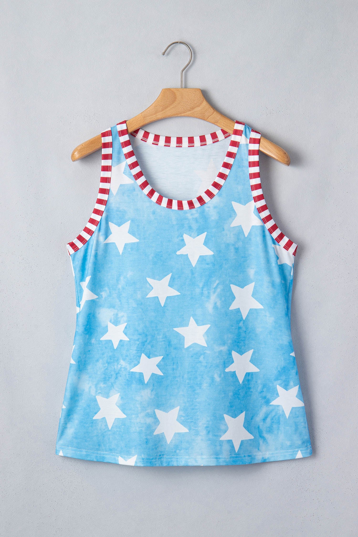 Byzantium Bay Americana stars and stripes trim round neck tank top for women, featuring patriotic star and stripe design.