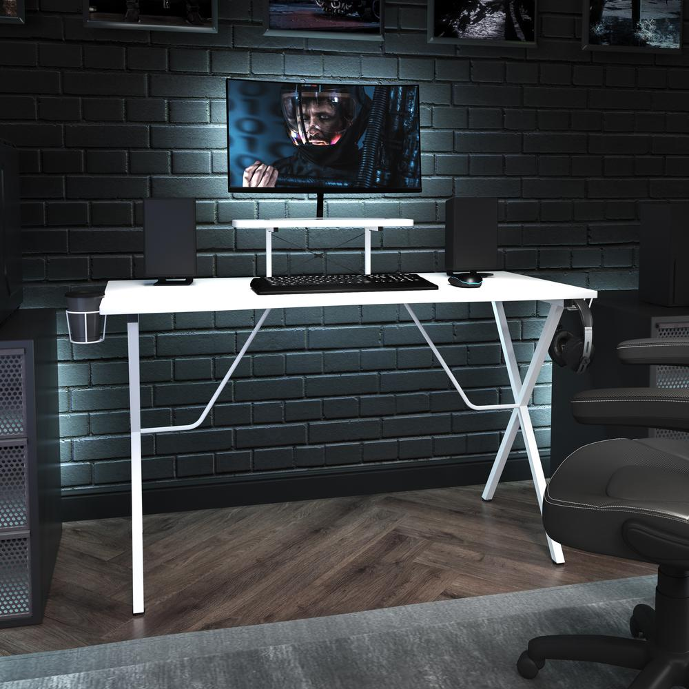 White Start2Finish gaming desk with cup holder, headphone hook, and monitor/phone stand for a versatile gaming or work setup.