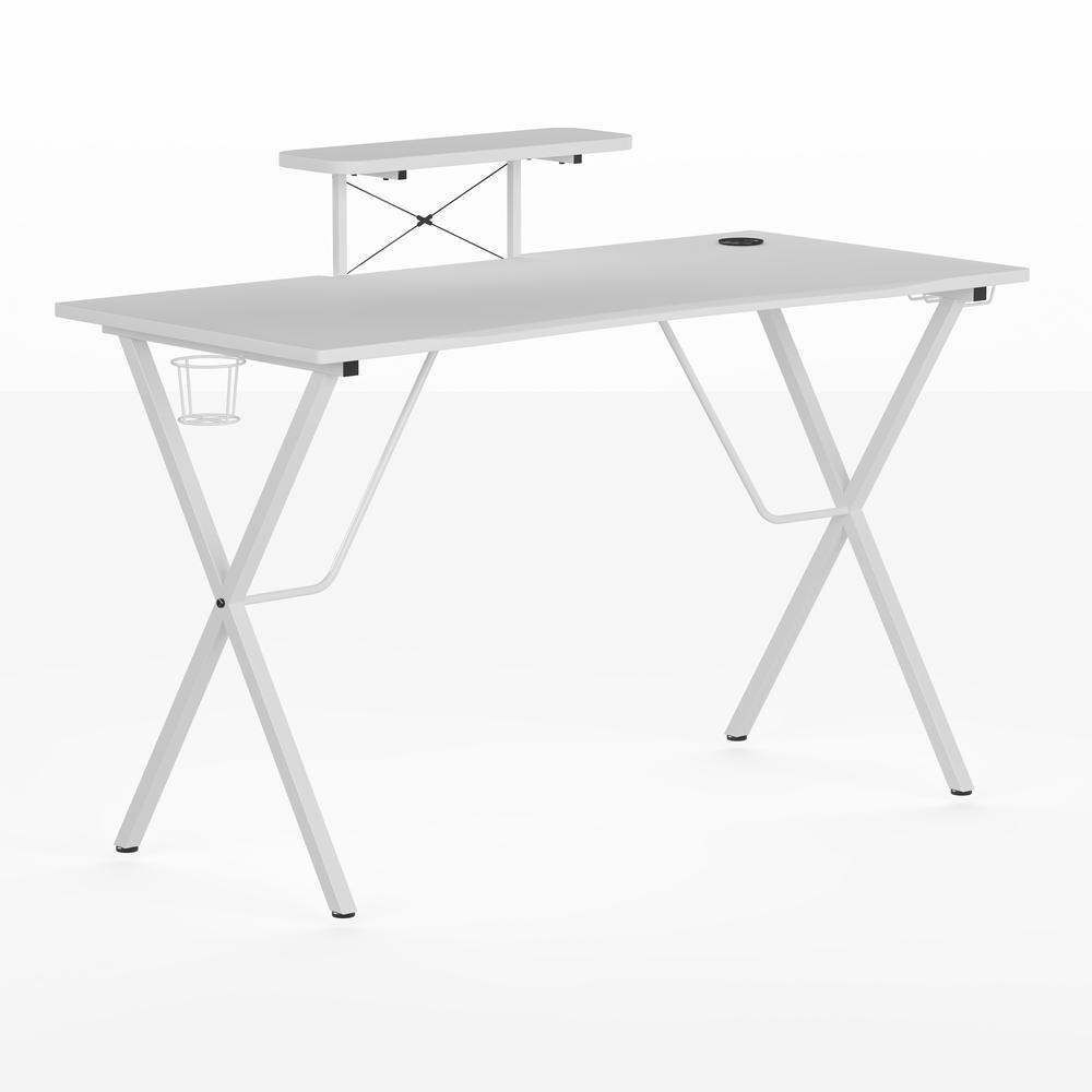 White Start2Finish gaming desk with cup holder, headphone hook, and monitor and smartphone stand for gaming setup.