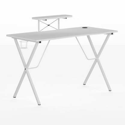 White Start2Finish gaming desk with cup holder, headphone hook, and monitor and smartphone stand for gaming setup.