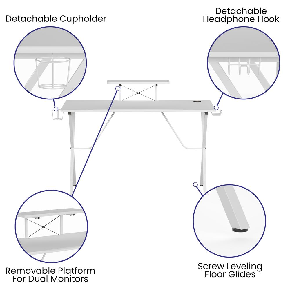 White Start2Finish gaming desk with cup holder, headphone hook, and monitor/smartphone stand, featuring a spacious workspace and cable management.