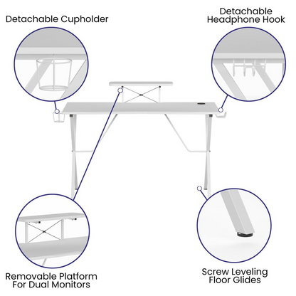 White Start2Finish gaming desk with cup holder, headphone hook, and monitor/smartphone stand, featuring a spacious workspace and cable management.