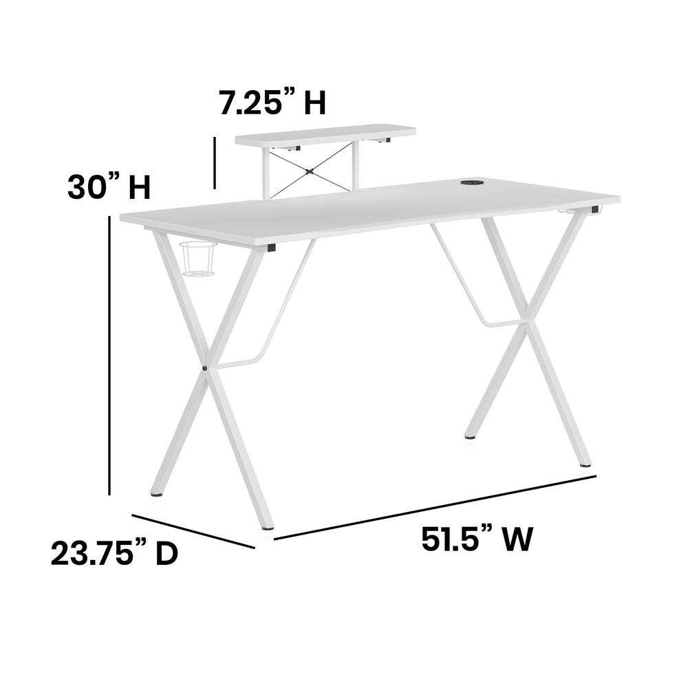 White Start2Finish gaming desk with cup holder, headphone hook, and monitor or smartphone stand, designed for gamers and workspace.