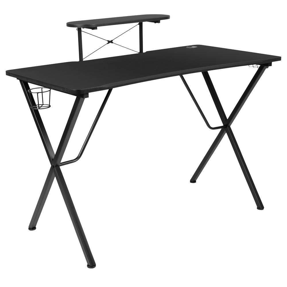 Start2Finish black gaming desk featuring cup holder, headphone hook, and monitor/smartphone stand for gaming setup.