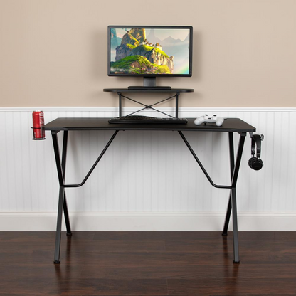Start2Finish black gaming desk with cup holder, headphone hook, and monitor stand, designed for comfortable gaming and workspace setup.