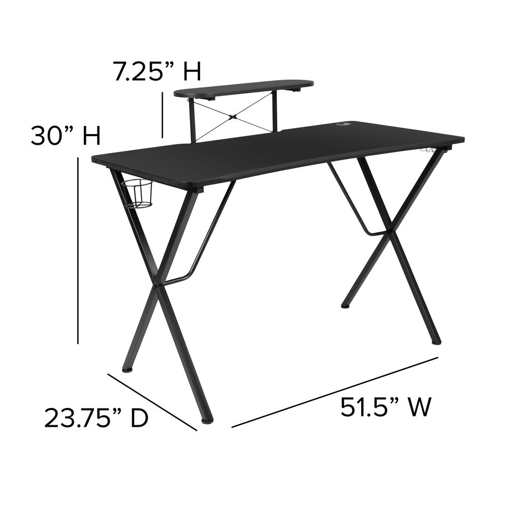 Black Start2Finish gaming desk with cup holder, headphone hook, and monitor or smartphone stand for gaming setup.