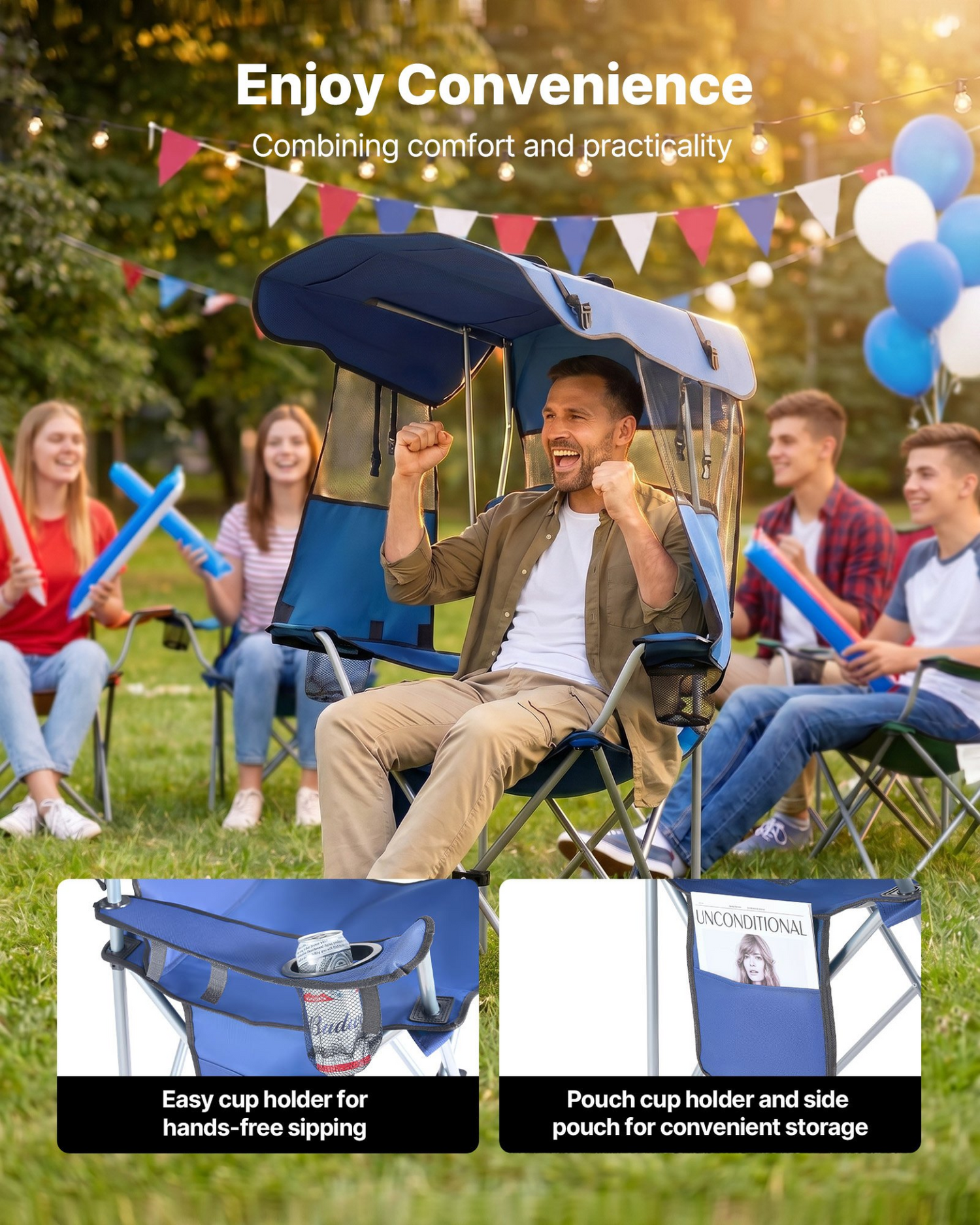 Start2Finish VEVOR camping chair with canopy, foldable outdoor beach chair, magazine pocket, 2 cup holders, deep blue color.