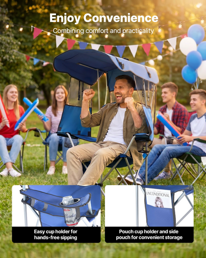 Start2Finish VEVOR camping chair with canopy, foldable outdoor beach chair, magazine pocket, 2 cup holders, deep blue color.