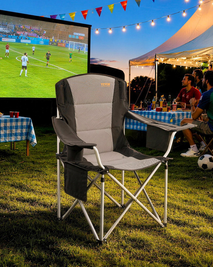 Start2Finish VEVOR outdoor camping folding chair with padded armrests, side pockets, cup holder, and cooler bag in black for outdoor activities.