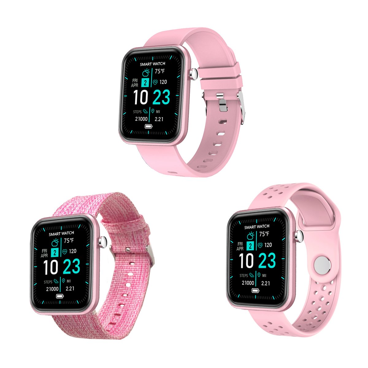 Salmon Lucky advanced smartwatch with three interchangeable bands and wellness activity tracker displayed on a sleek black background.