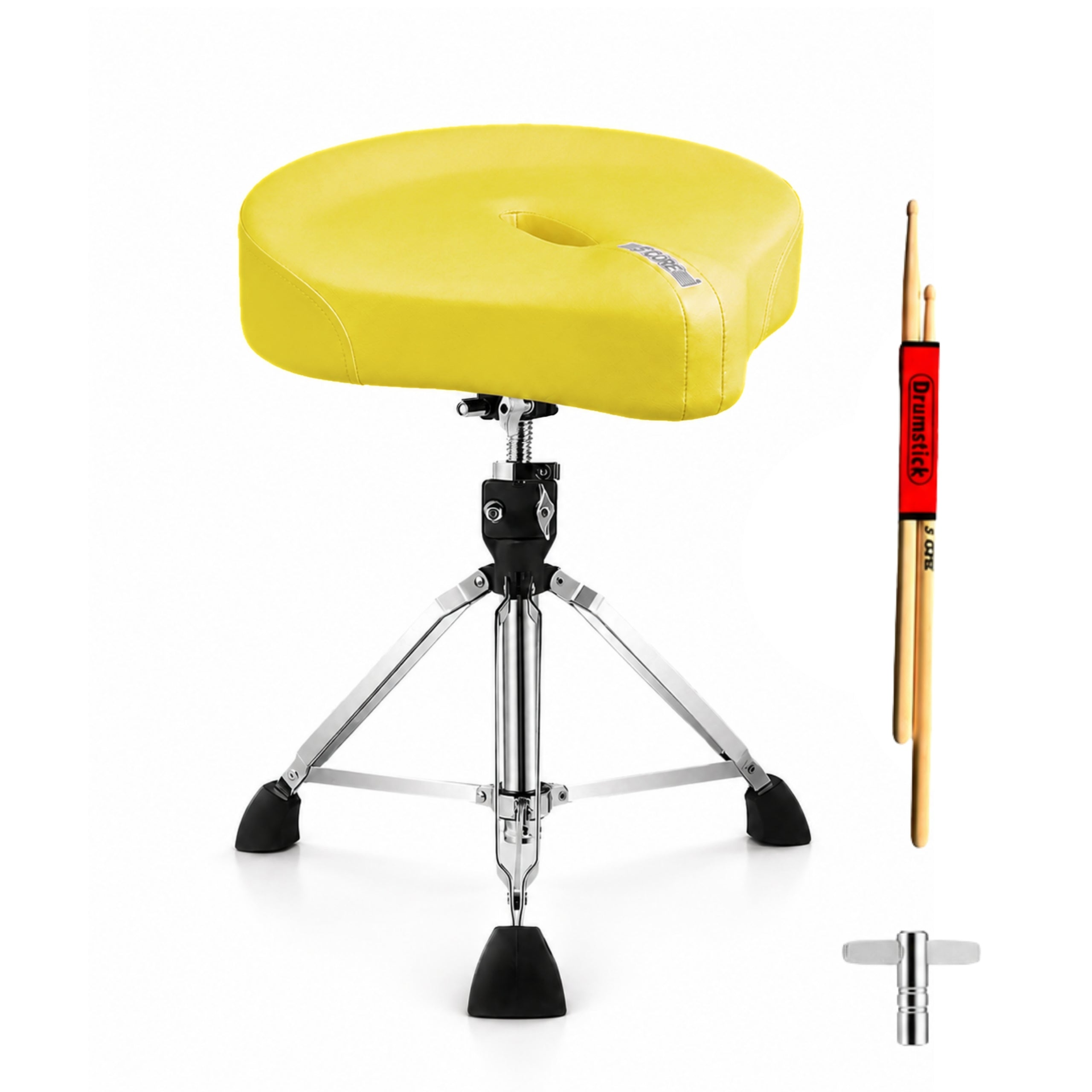 Start2Finish 5 Core Drum Throne with 4.5-inch padded seat, adjustable height, ergonomic drum stool for comfortable drumming.