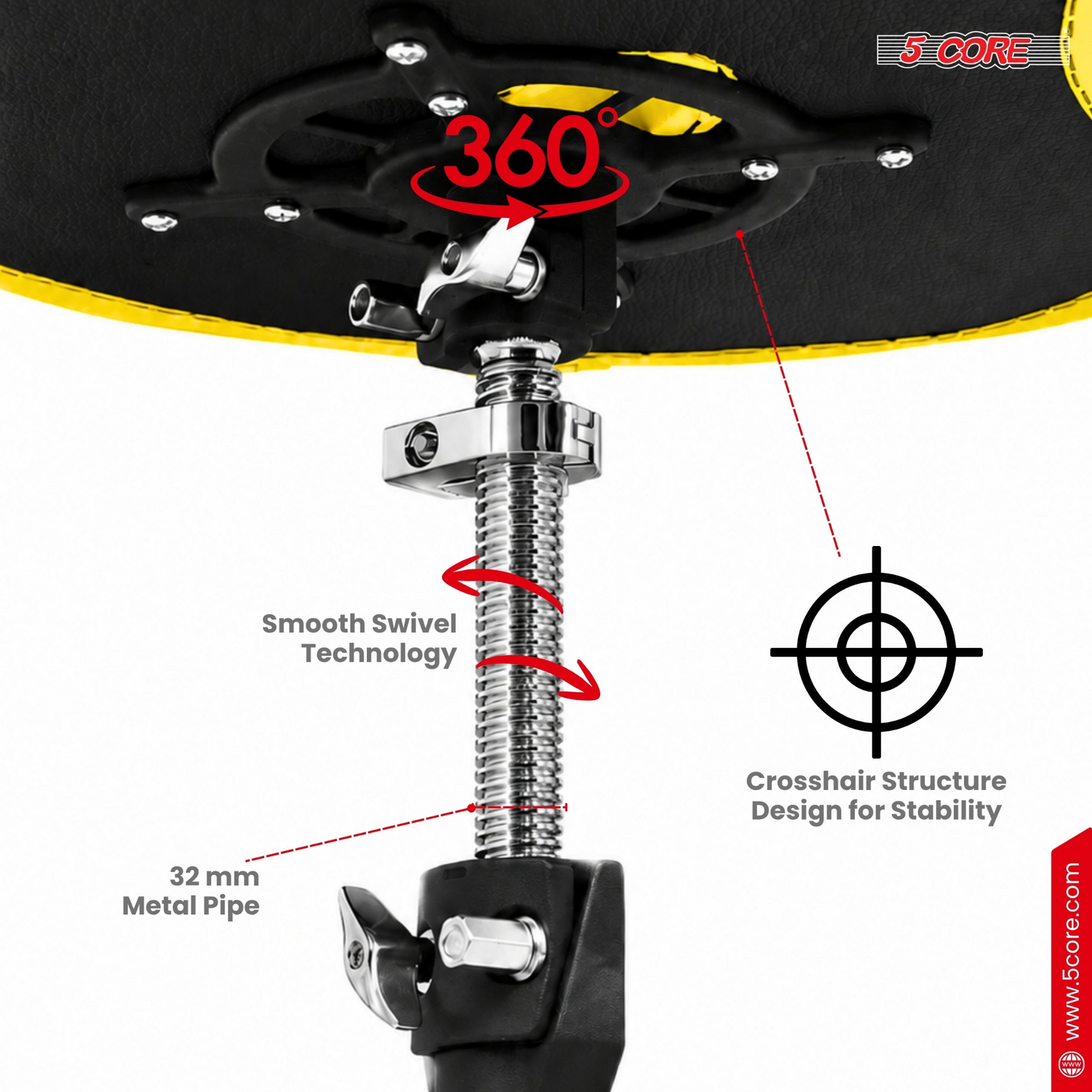 Start2Finish 5 Core Drum Throne with 4.5-inch padded seat, adjustable height, and sturdy drum stool for musicians.