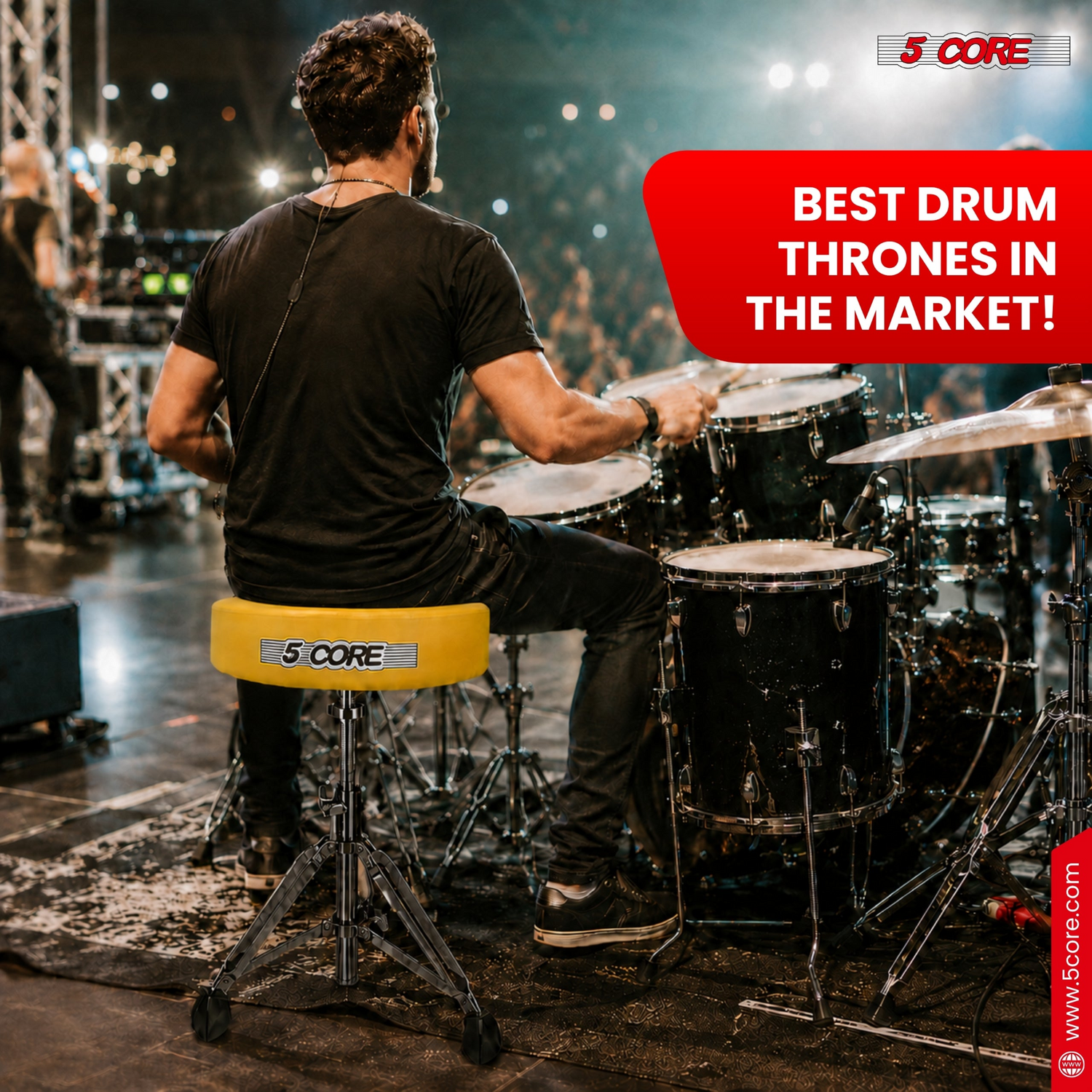 Start2Finish 5 Core Drum Throne with 4.5-inch padded seat, adjustable height, and sturdy drum stool for musicians.