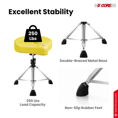 Start2Finish 5 core drum throne with 4.5-inch padded seat, adjustable height, designed for drummers and musical instrument use.
