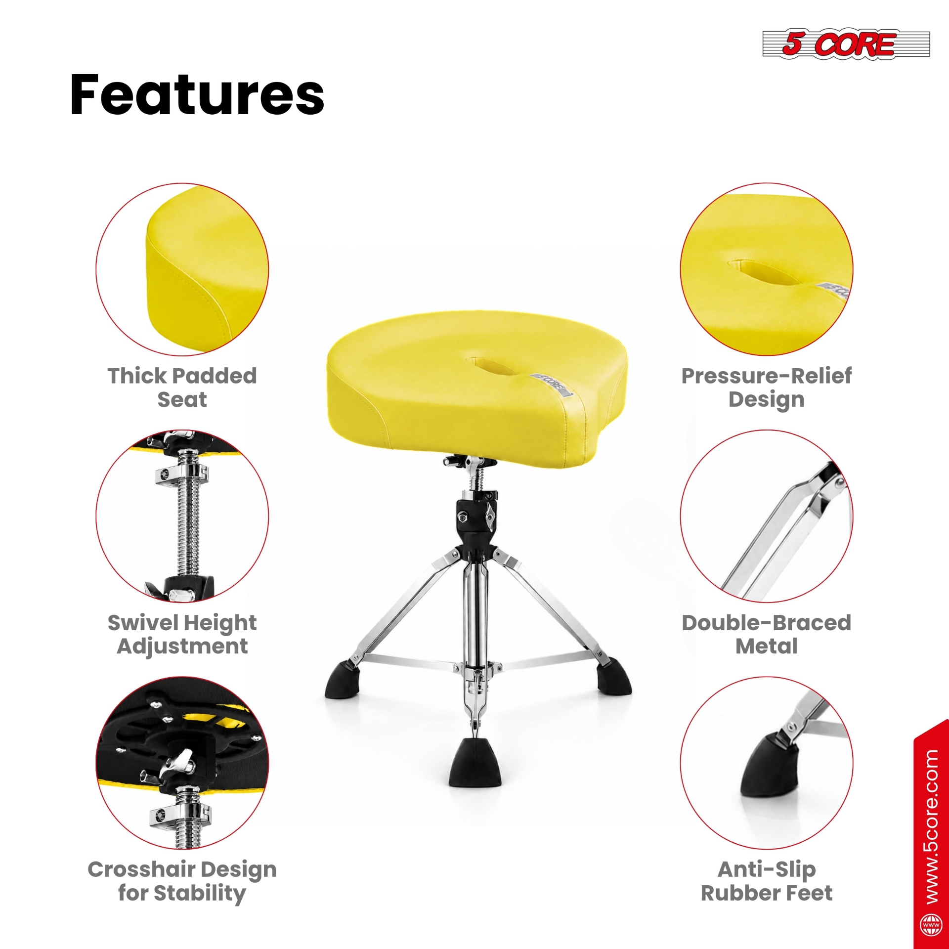 Start2Finish 5 Core Drum Throne with 4.5-inch padded seat and adjustable height for comfortable drumming practice and performance.