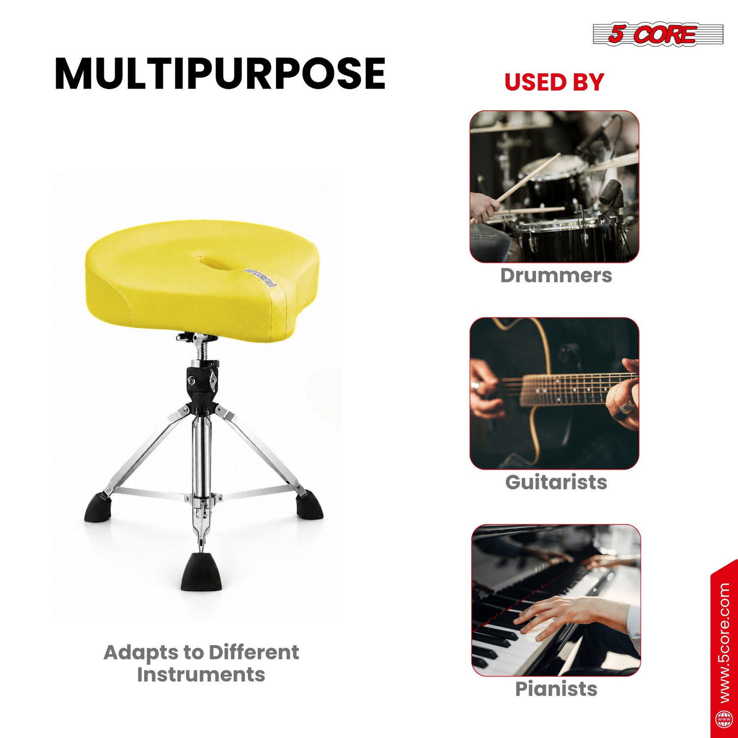 Start2Finish 5 Core Drum Throne with 4.5-inch padded stool, adjustable drummer chair for musical instruments.