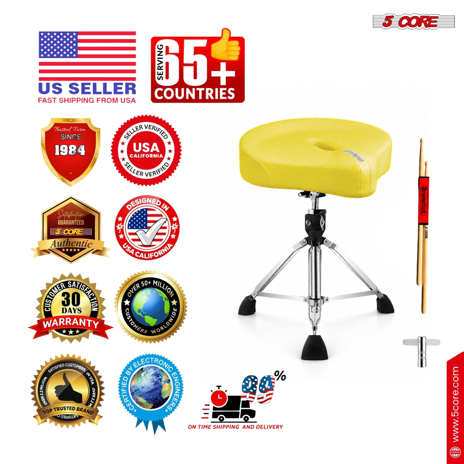 Start2Finish 5 Core Drum Throne with 4.5-inch padded seat, adjustable height, designed for comfortable drumming practice.