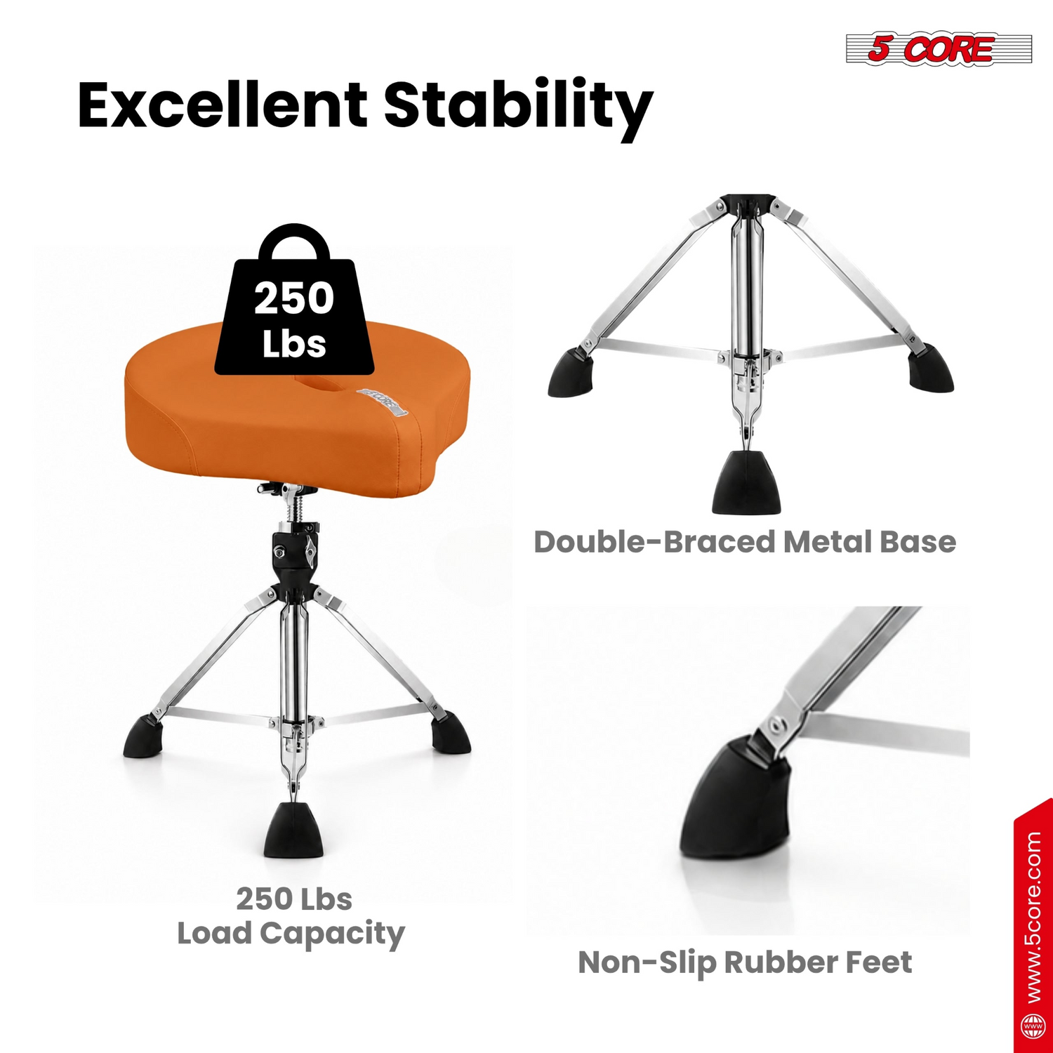 Start2Finish 5 Core drum throne with 4.5-inch padded seat and adjustable height, designed for comfortable drumming sessions.