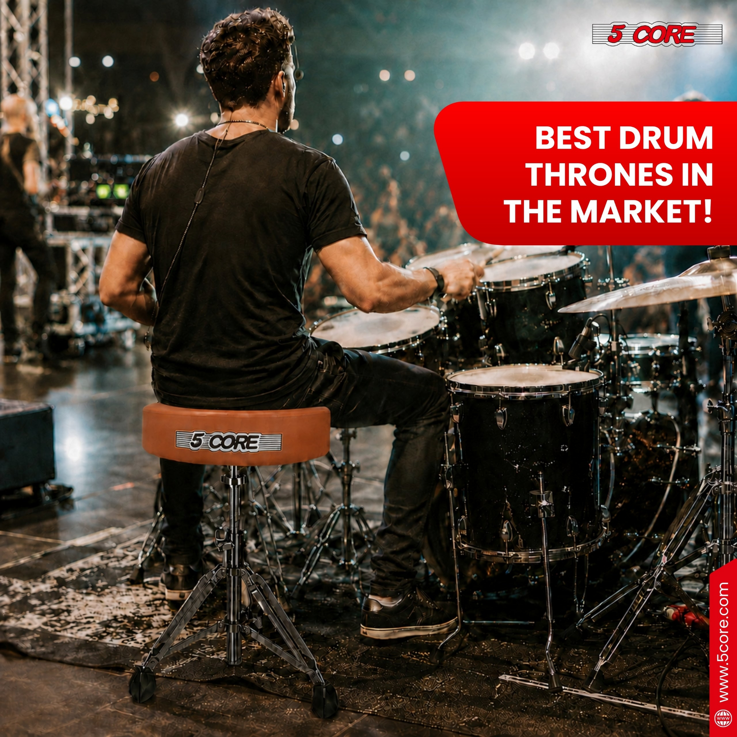 Start2Finish 5 Core Drum Throne with 4.5-inch padded stool and adjustable height for comfortable drumming sessions.