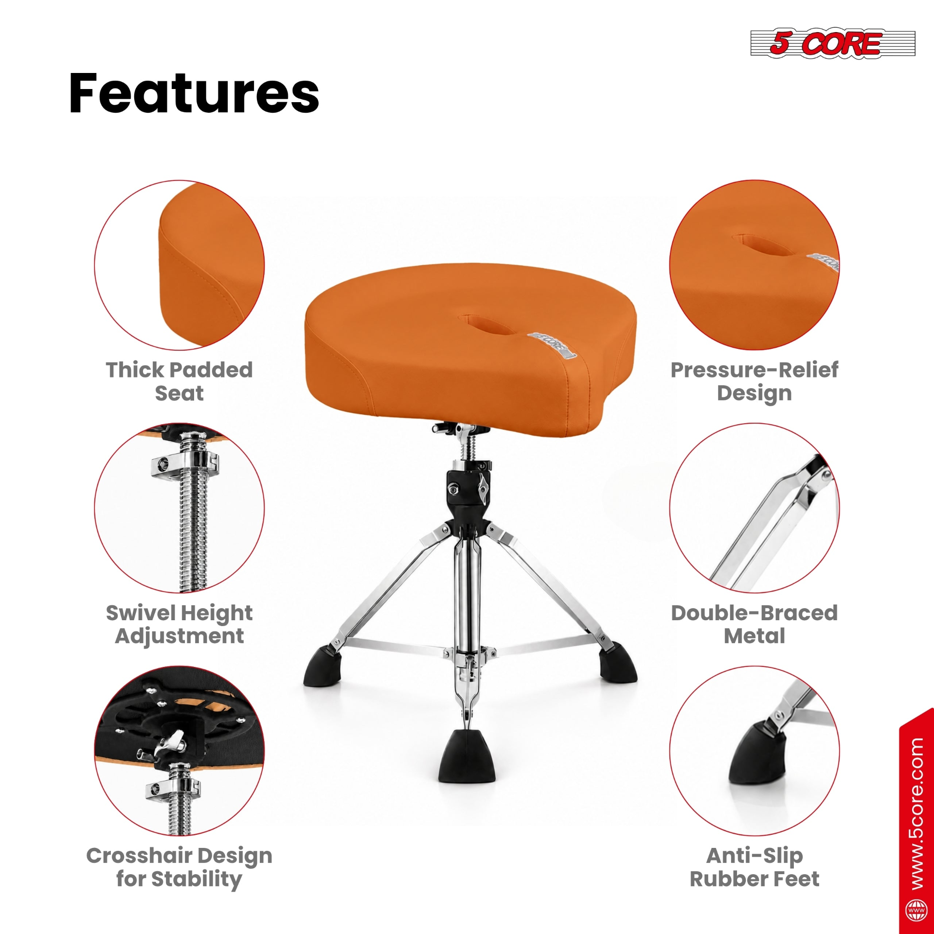 Start2Finish 5 core drum throne with adjustable height and 4.5-inch padded seat for comfortable drumming sessions.