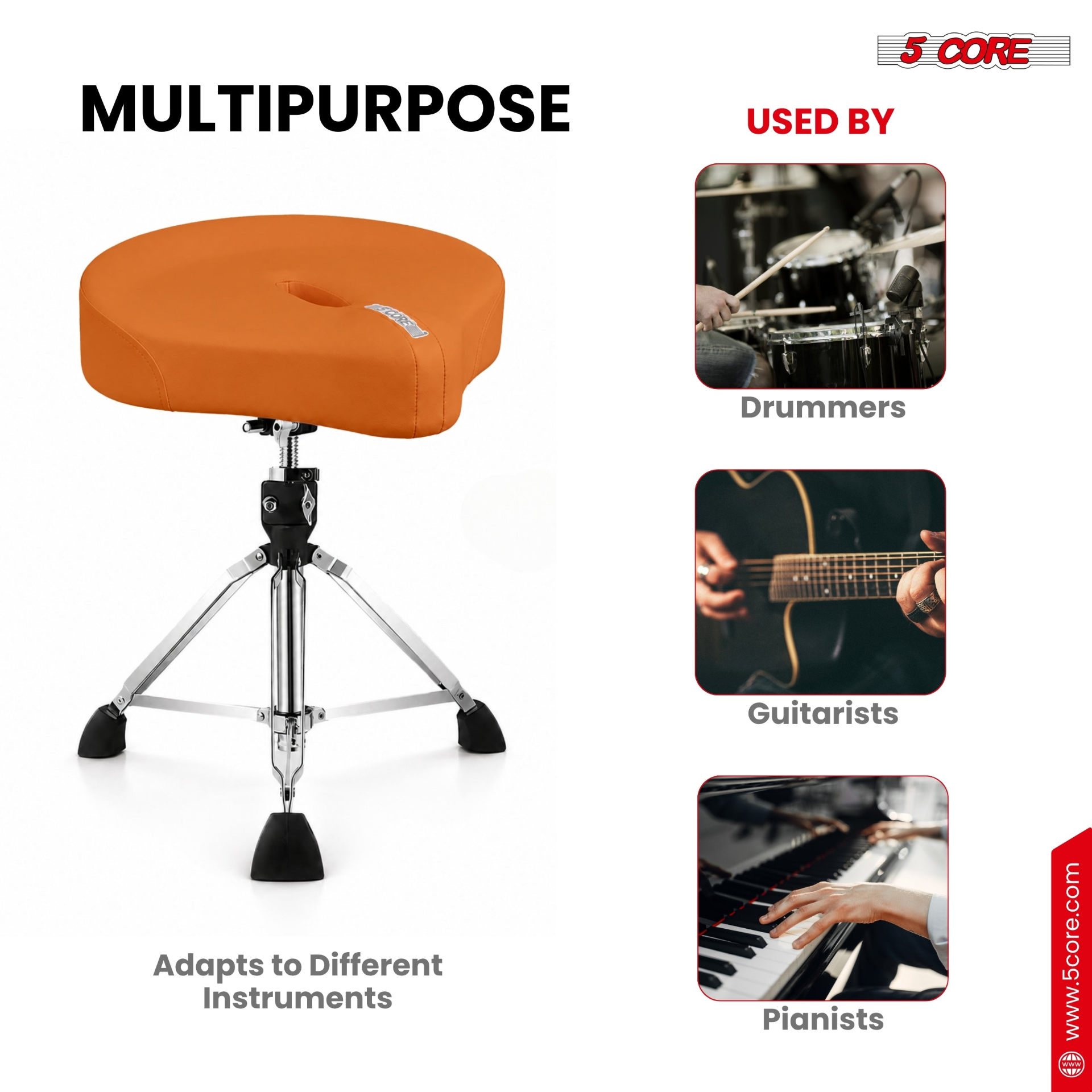 Start2Finish 5 core drum throne with 4.5-inch padded seat and adjustable height for comfortable drumming practice and performances.