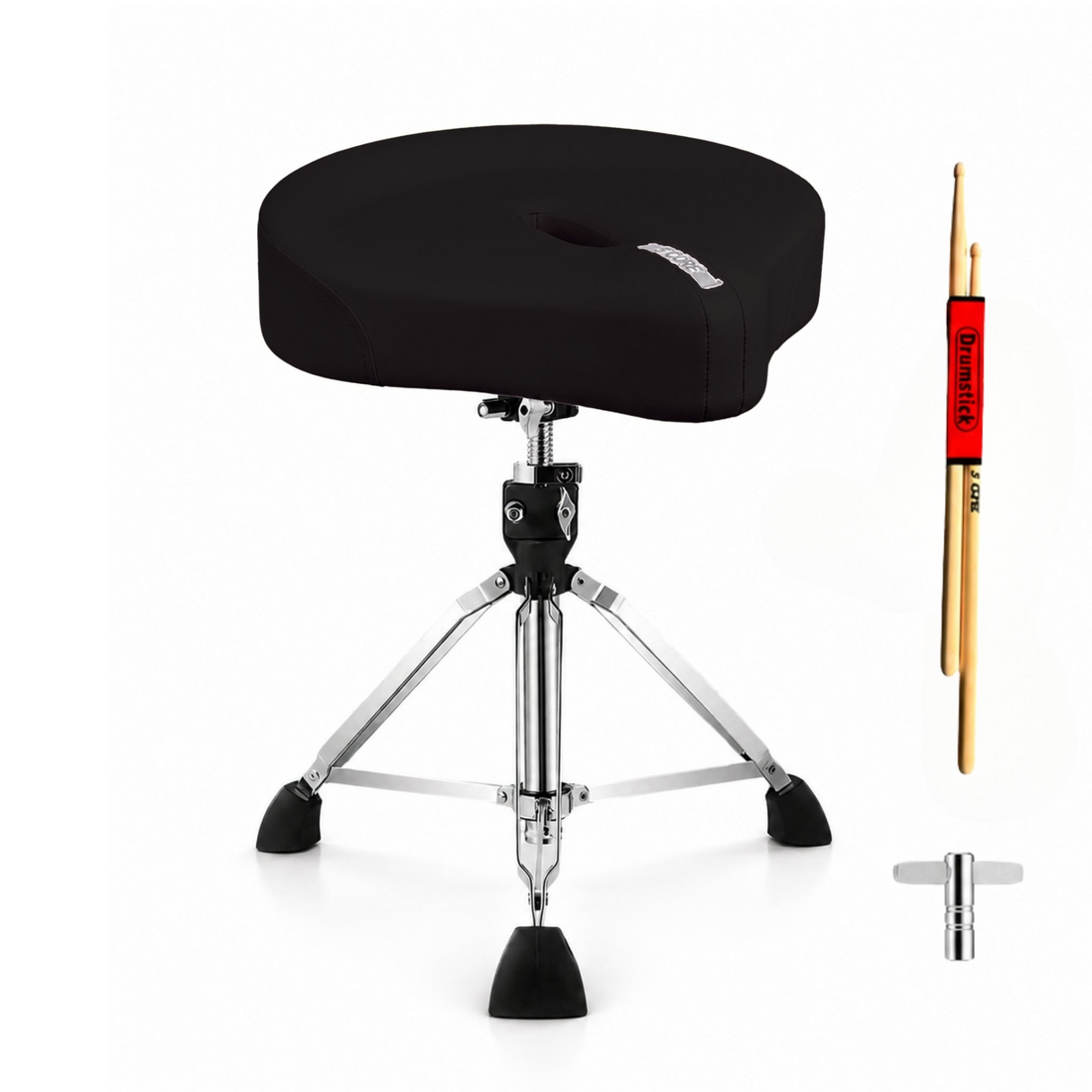 Start2Finish 5 core drum throne with 4.5-inch padded seat and adjustable height for comfortable drumming sessions.