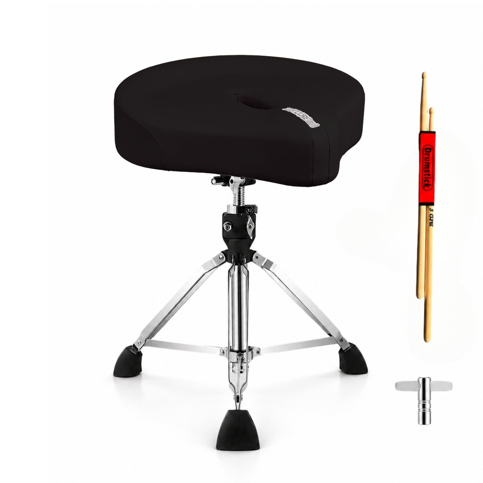 Start2Finish 5 core drum throne with 4.5-inch padded seat and adjustable height for comfortable drumming sessions.